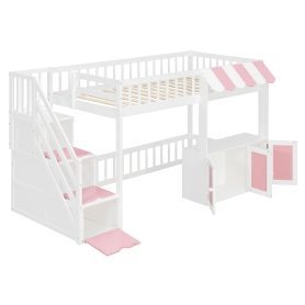 Twin Size Loft Bed with Storage Steps, LED Light, Under Bed Cabinets