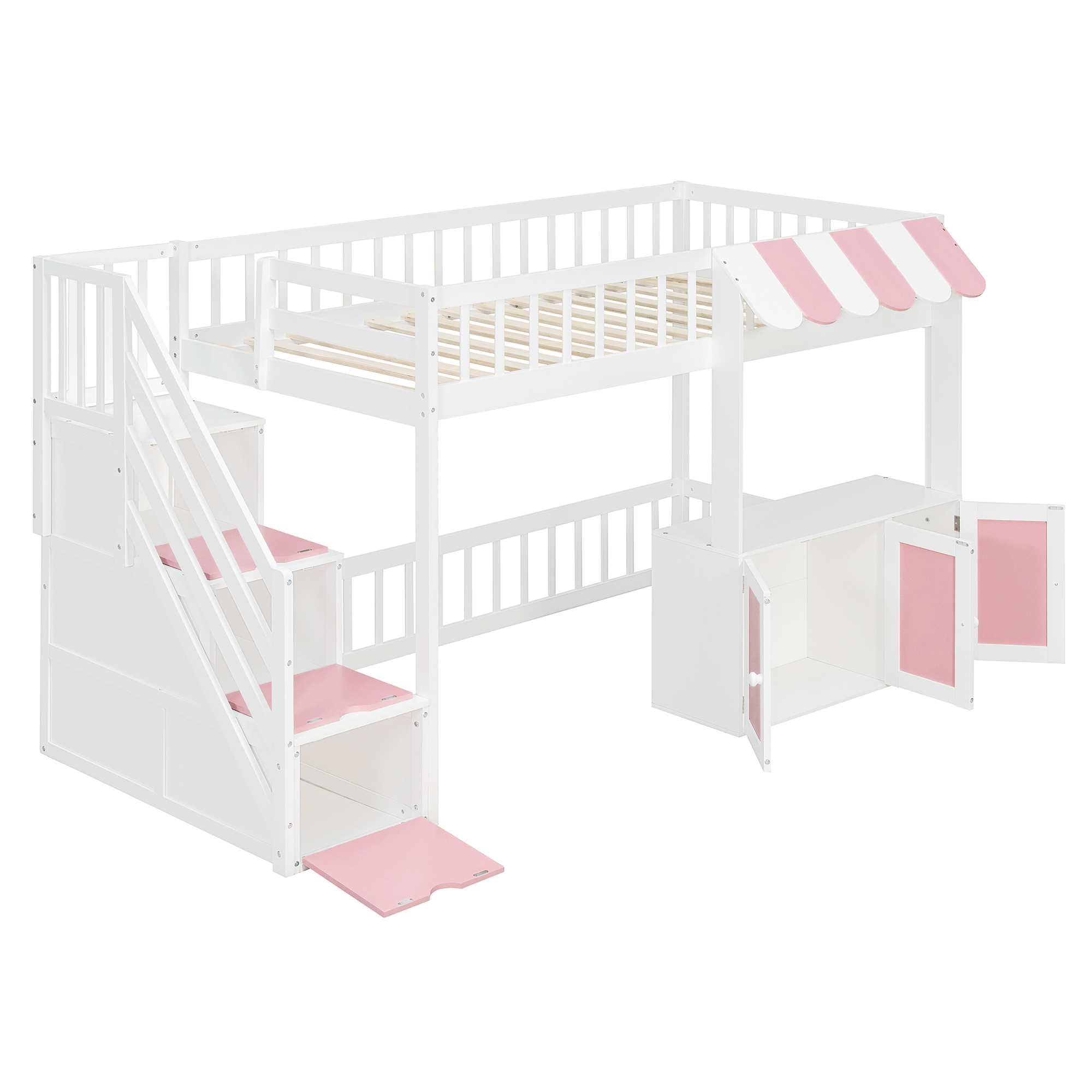 Twin Size Loft Bed with Storage Steps, LED Light, Under Bed Cabinets