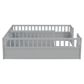 Double Pine Wood Twin Floor Bed with Semi-Enclosed Safety Guardrails, Open Entrance