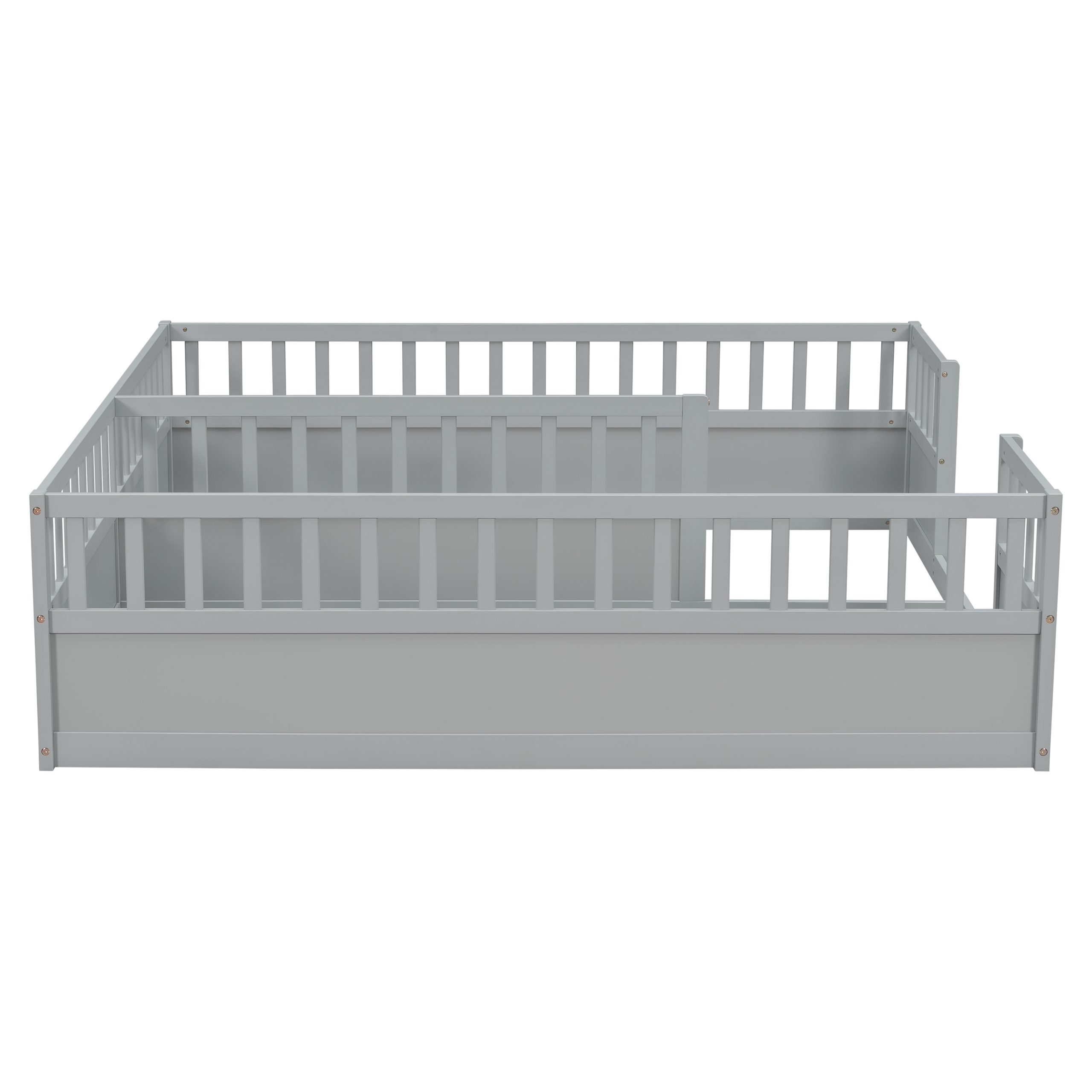 Double Pine Wood Twin Floor Bed with Semi-Enclosed Safety Guardrails, Open Entrance