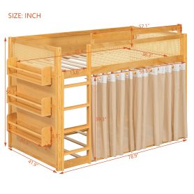 Twin Size Bunk Bed with 3-Tier Storage Shelf, Rattan Decor, Privacy Curtains & Lights