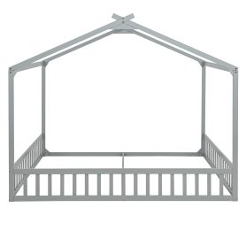 Double Twin House-Shaped Floor Bed with Safety Guardrails