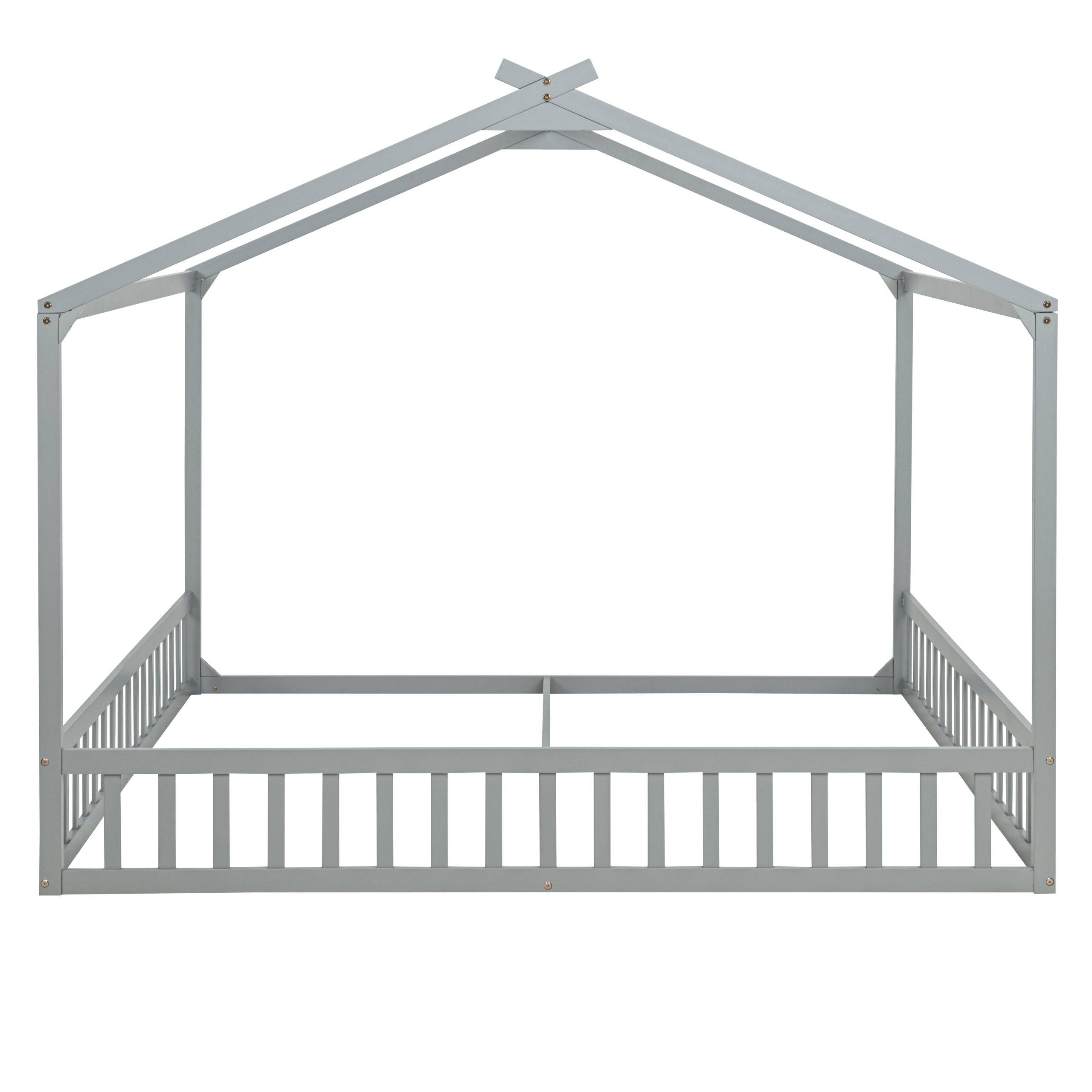 Double Twin House-Shaped Floor Bed with Safety Guardrails