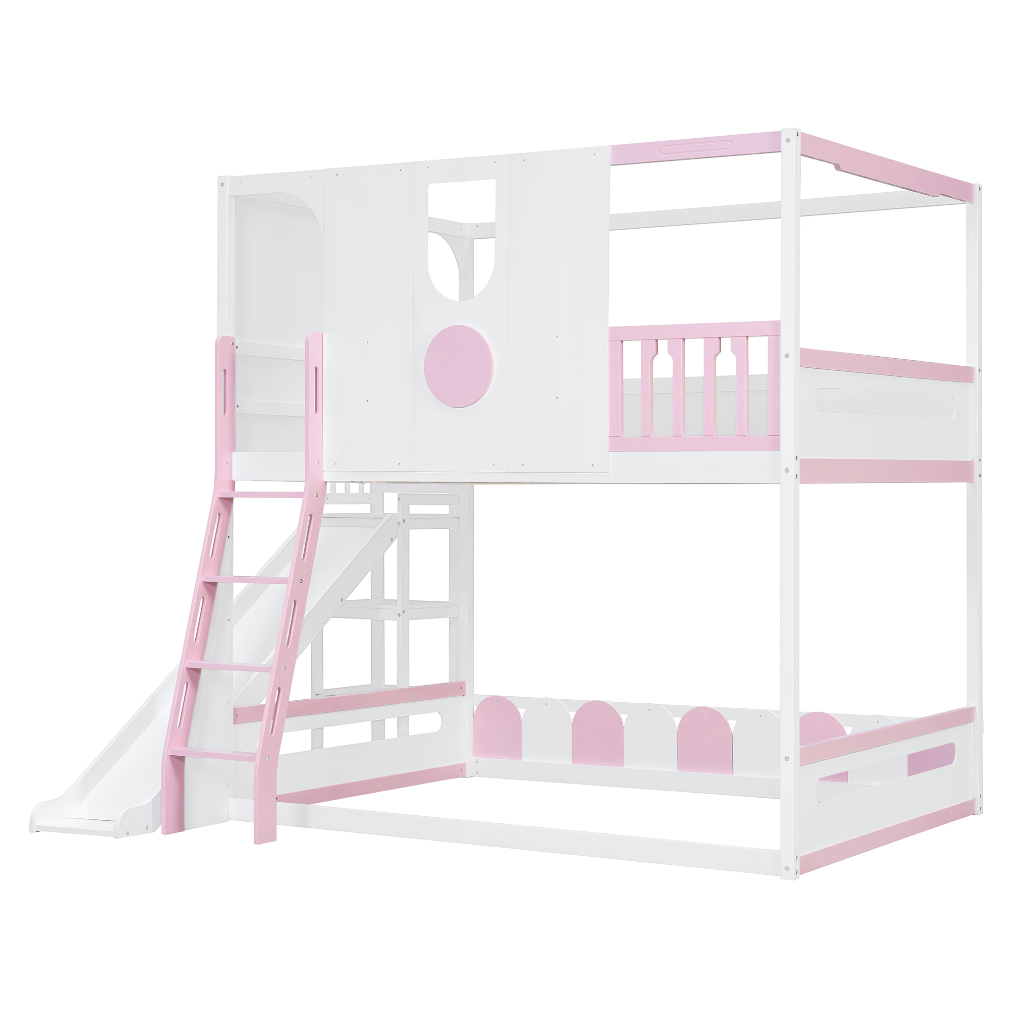 Full Size Kids Loft Bed With Slide, Storage Shelves And Guardrails