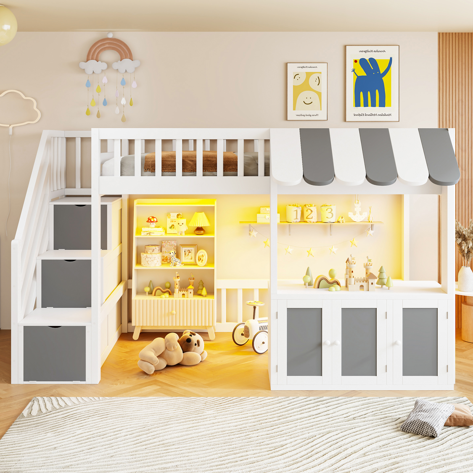 Twin Size Loft Bed with Storage Steps, LED Light, Under Bed Cabinets