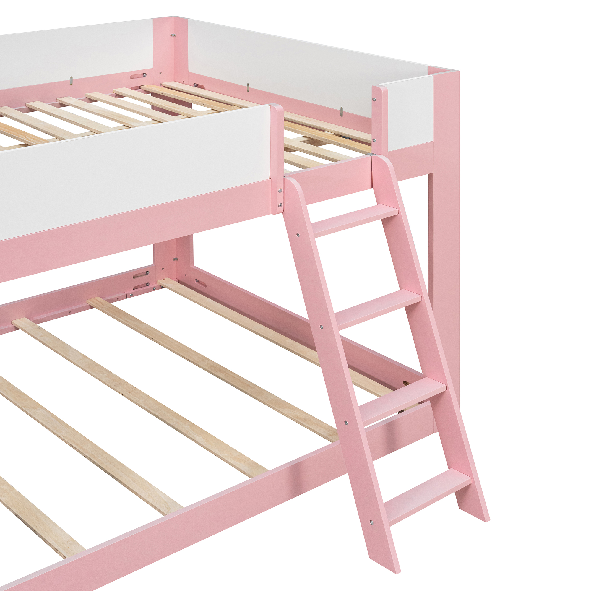 Queen Size Low Convertible Bunk Bed With Reversible Ladder And Safety Guardrails