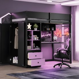 Twin Size Solid Wood Loft Bed with Desk, Storage Cabinet and Wardrobe
