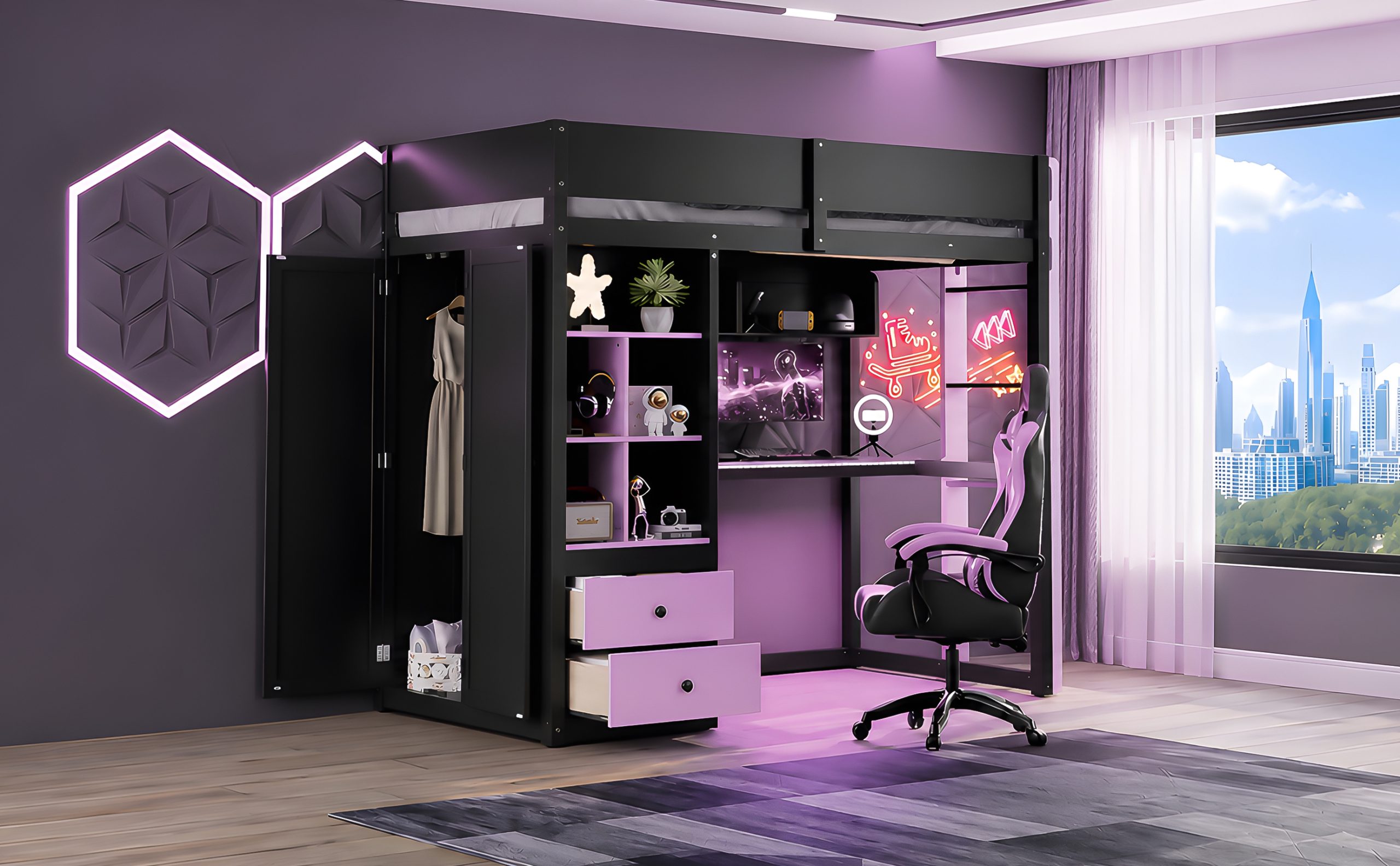 Twin Size Solid Wood Loft Bed with Desk, Storage Cabinet and Wardrobe
