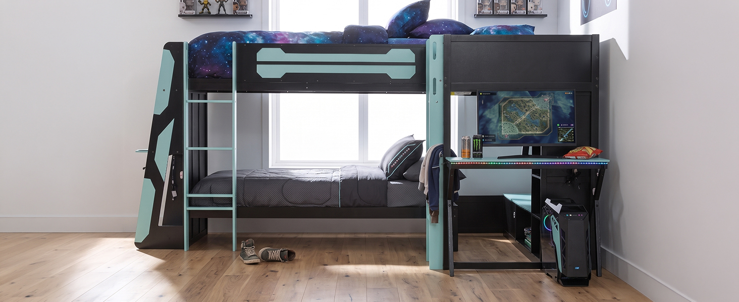 L-Shaped Wooden Twin Size Gaming Bed Frame with RGB LED Lights, USB Ports, TV Stand & Storage Shelves