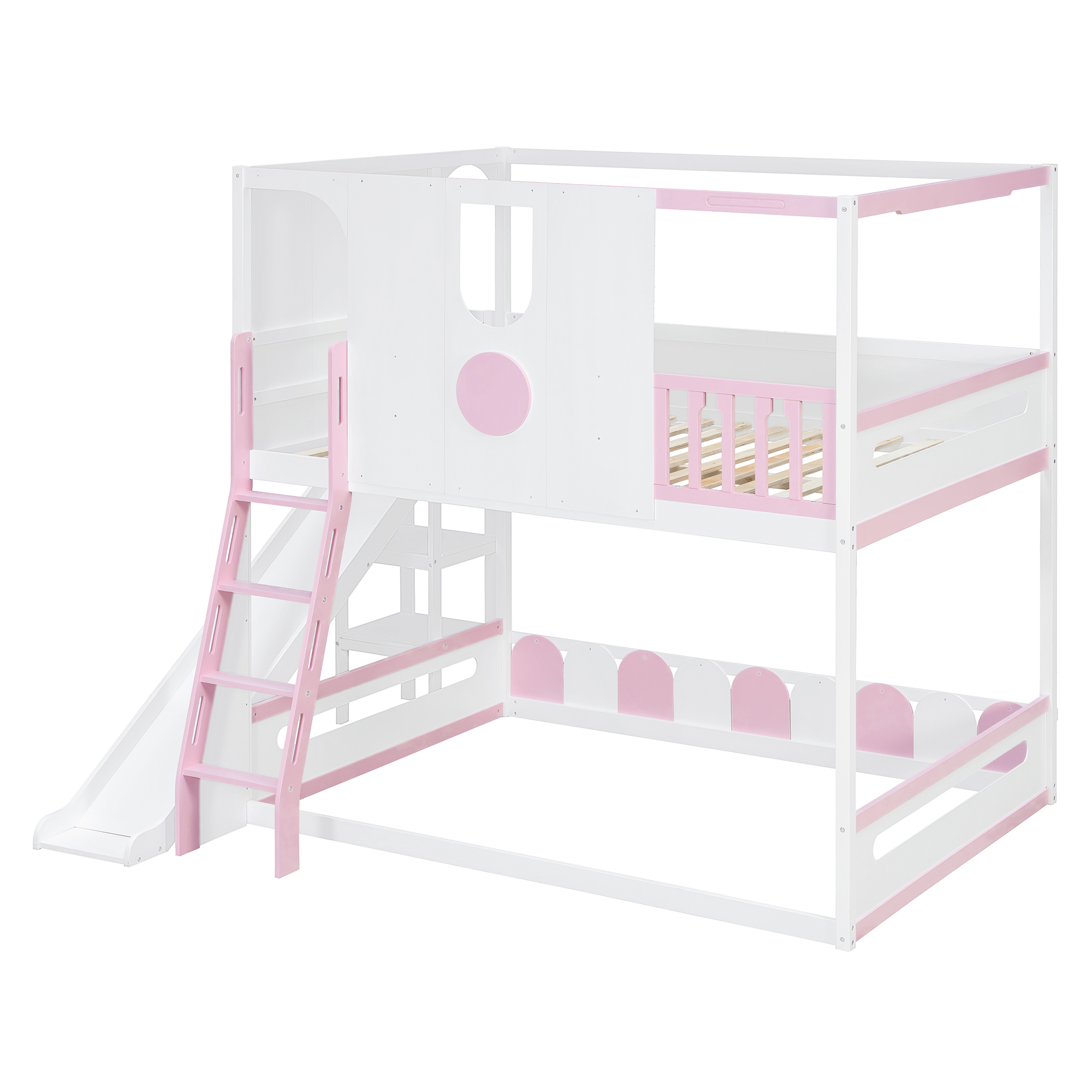 Full Size Kids Loft Bed With Slide, Storage Shelves And Guardrails