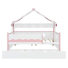 Full Size House-Shaped Daybed with Built-In Bookshelf and Trundle