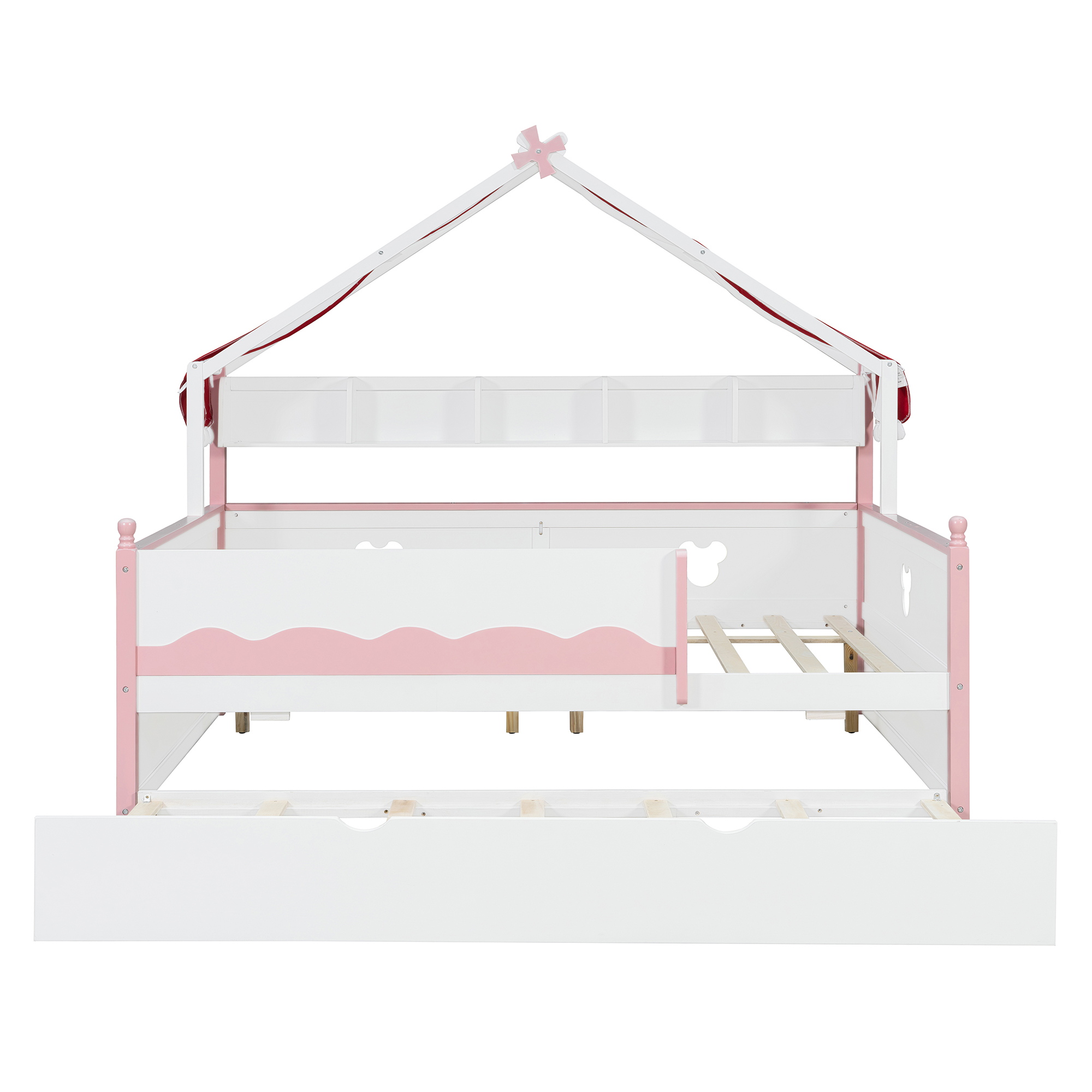 Full Size House-Shaped Daybed with Built-In Bookshelf and Trundle