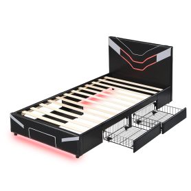 Twin Size Upholstered Gaming Bed Frame with LED Lights