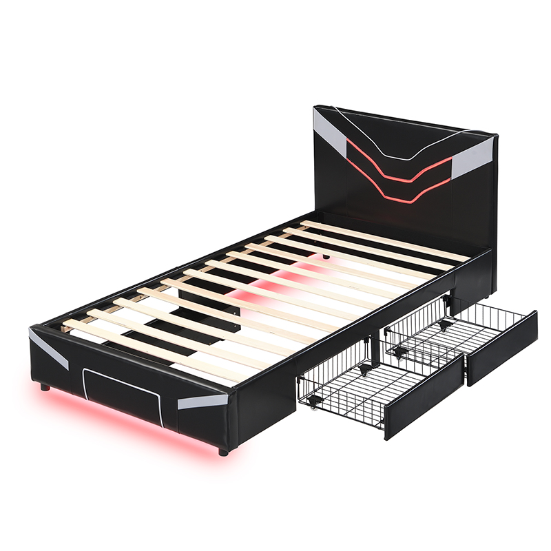 Twin Size Upholstered Gaming Bed Frame with LED Lights