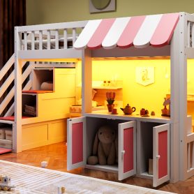 Twin Size Loft Bed with Storage Steps, LED Light, Under Bed Cabinets
