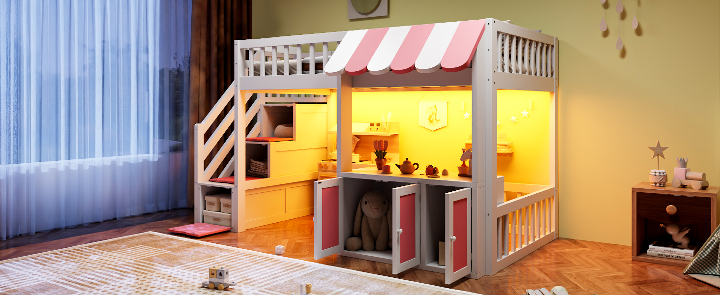 Twin Size Loft Bed with Storage Steps, LED Light, Under Bed Cabinets