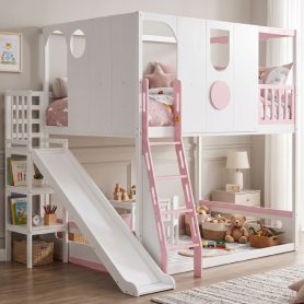 Full Size Kids Loft Bed With Slide, Storage Shelves And Guardrails