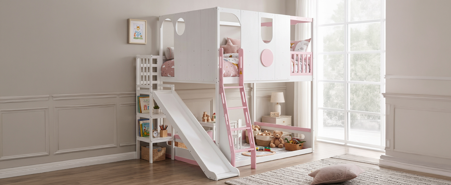 Full Size Kids Loft Bed With Slide, Storage Shelves And Guardrails