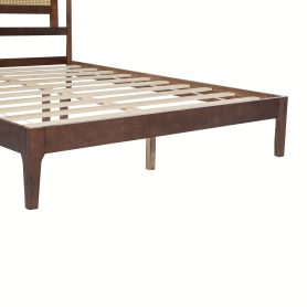 Queen Size Solid Wooden Bed with Rattan Headboard