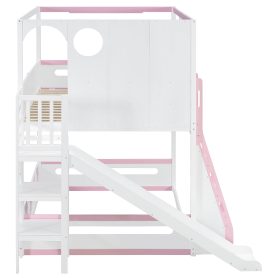 Full Size Kids Loft Bed With Slide, Storage Shelves And Guardrails