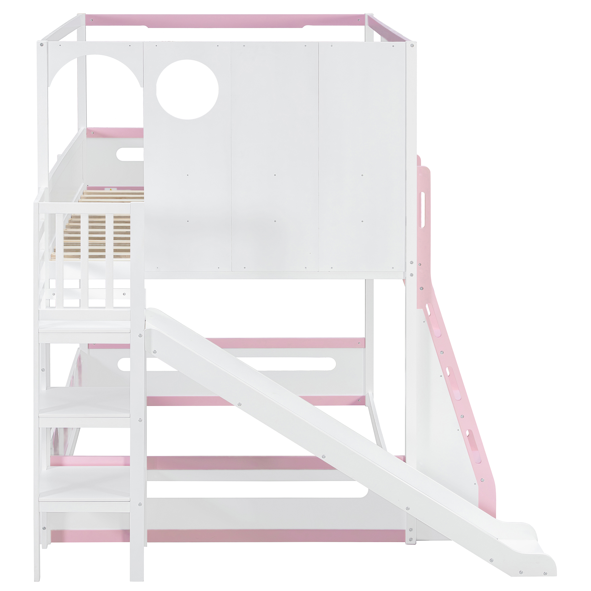 Full Size Kids Loft Bed With Slide, Storage Shelves And Guardrails