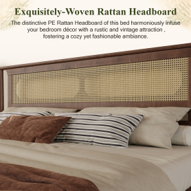 King Size Solid Wooden Bed with Rattan Headboard