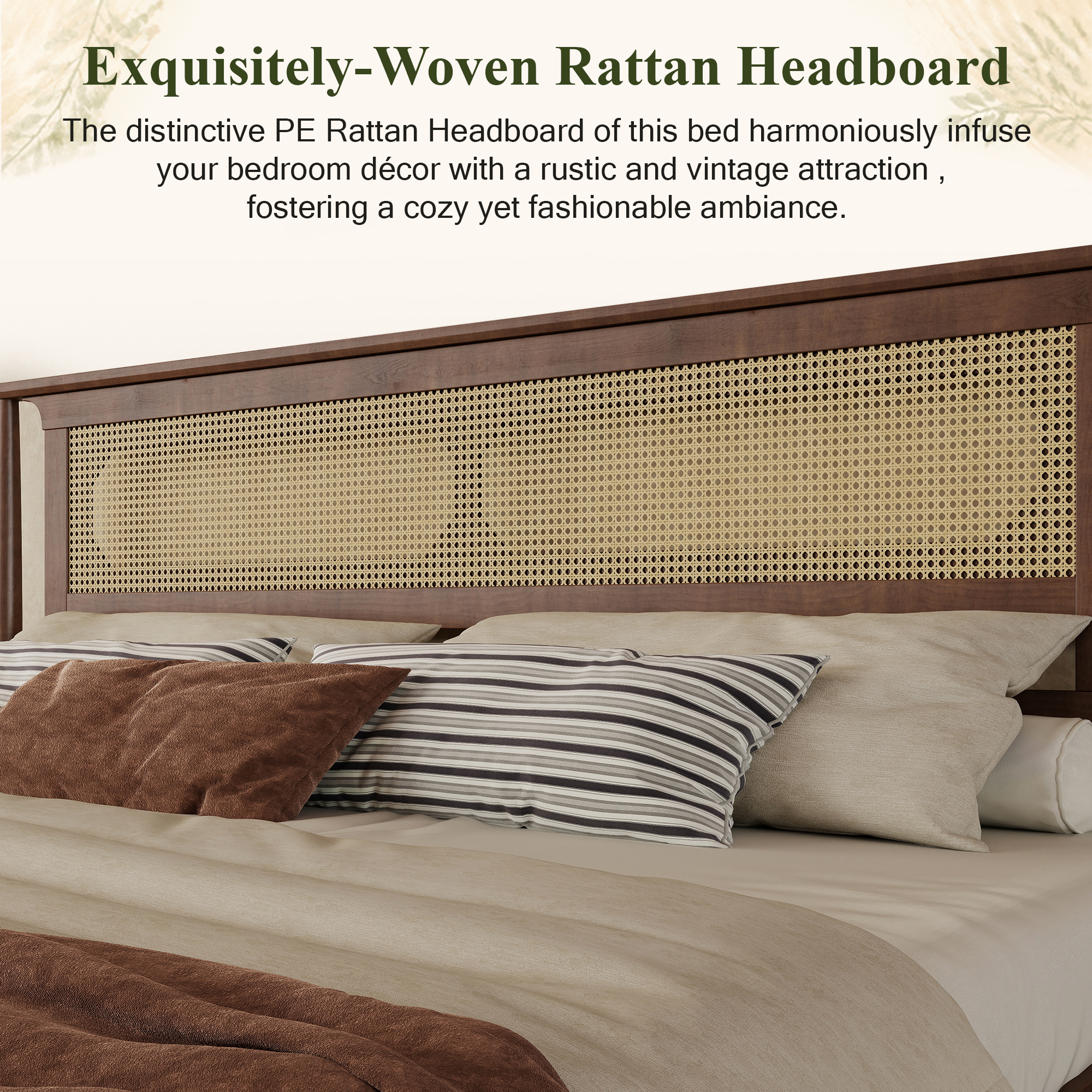 King Size Solid Wooden Bed with Rattan Headboard