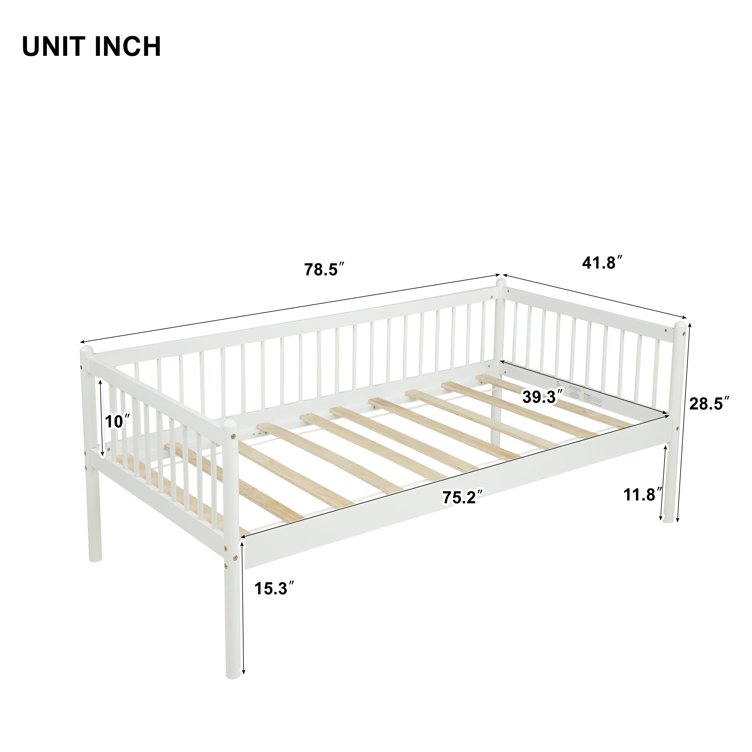 Twin Pine Wood Daybed With 3-Side Guardrails & 10 Support Slats