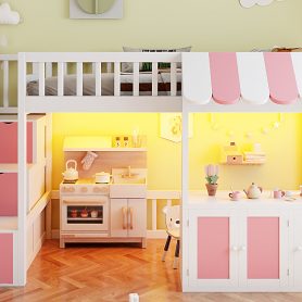 Twin Size Loft Bed with Storage Steps, LED Light, Under Bed Cabinets