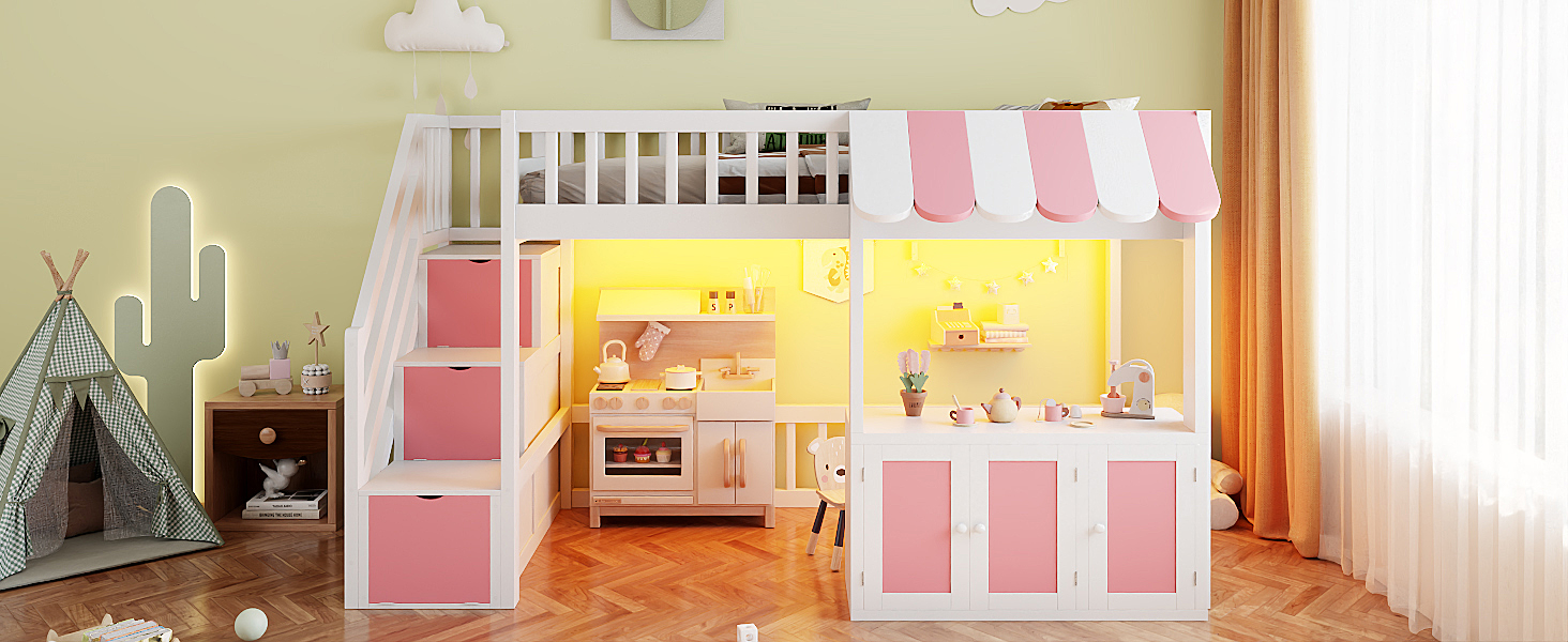 Twin Size Loft Bed with Storage Steps, LED Light, Under Bed Cabinets