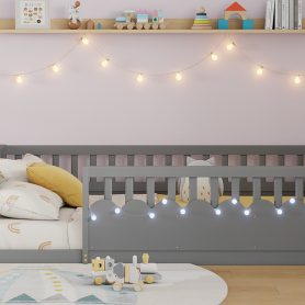 Twin Montessori Floor Bed with High Rails, Light And Storage Shelf