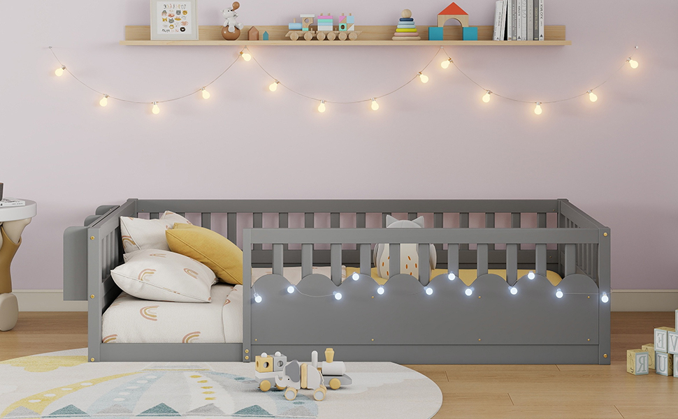 Twin Montessori Floor Bed with High Rails, Light And Storage Shelf