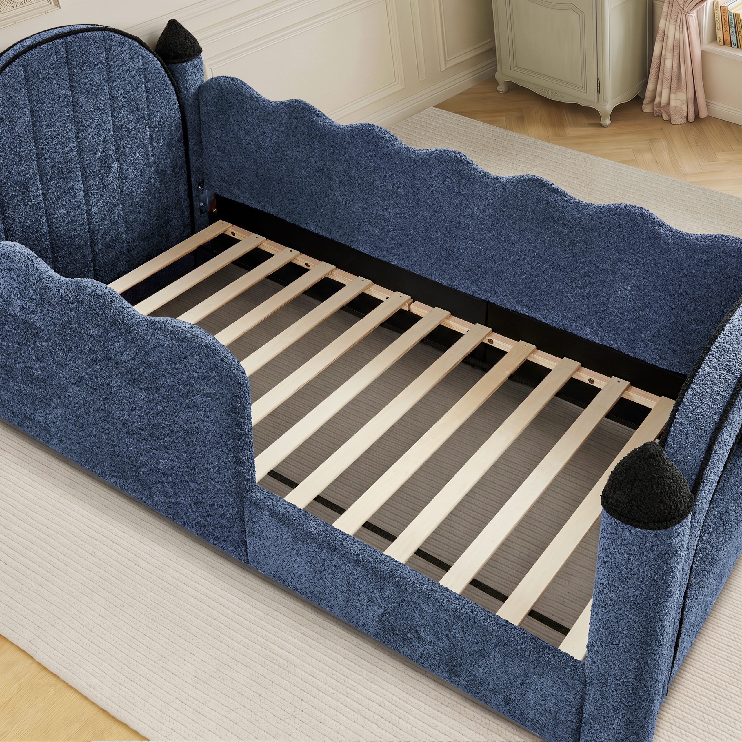 Twin Size Castle Bed with Safety Guardrail and Curtain