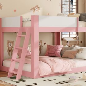 Queen Size Low Convertible Bunk Bed With Reversible Ladder And Safety Guardrails