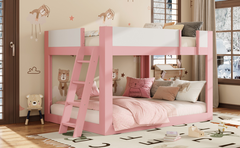 Queen Size Low Convertible Bunk Bed With Reversible Ladder And Safety Guardrails