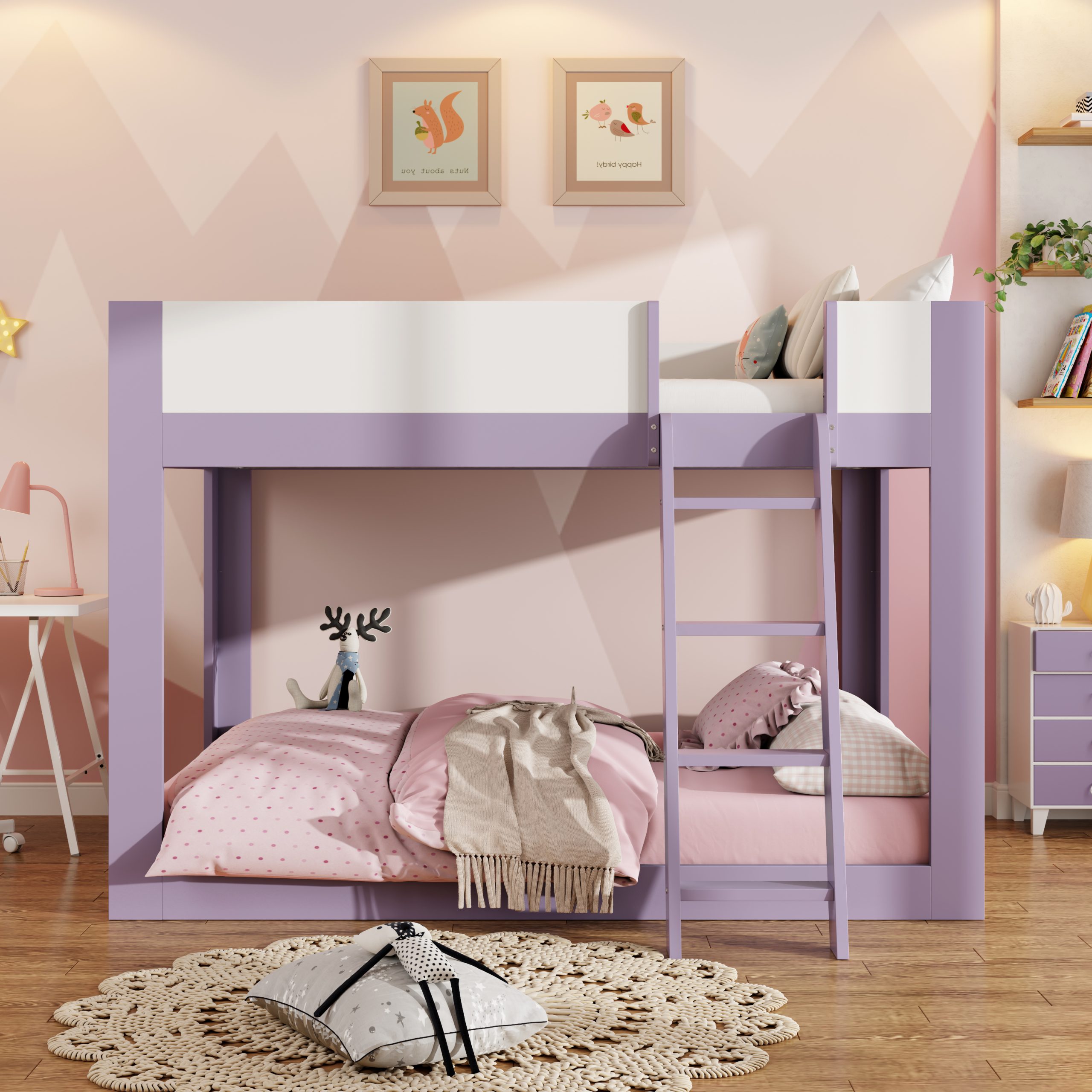 Full Size Low Convertible Bunk Bed With Reversible Ladder And Safety Guardrails