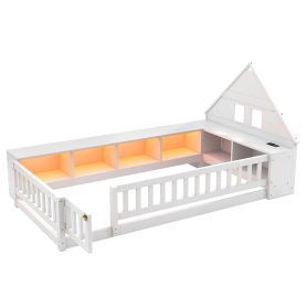 Twin Size Wood Floor Bed With Guardrail,  Storage Cabinets, LED, USB Port & Plug Outlets