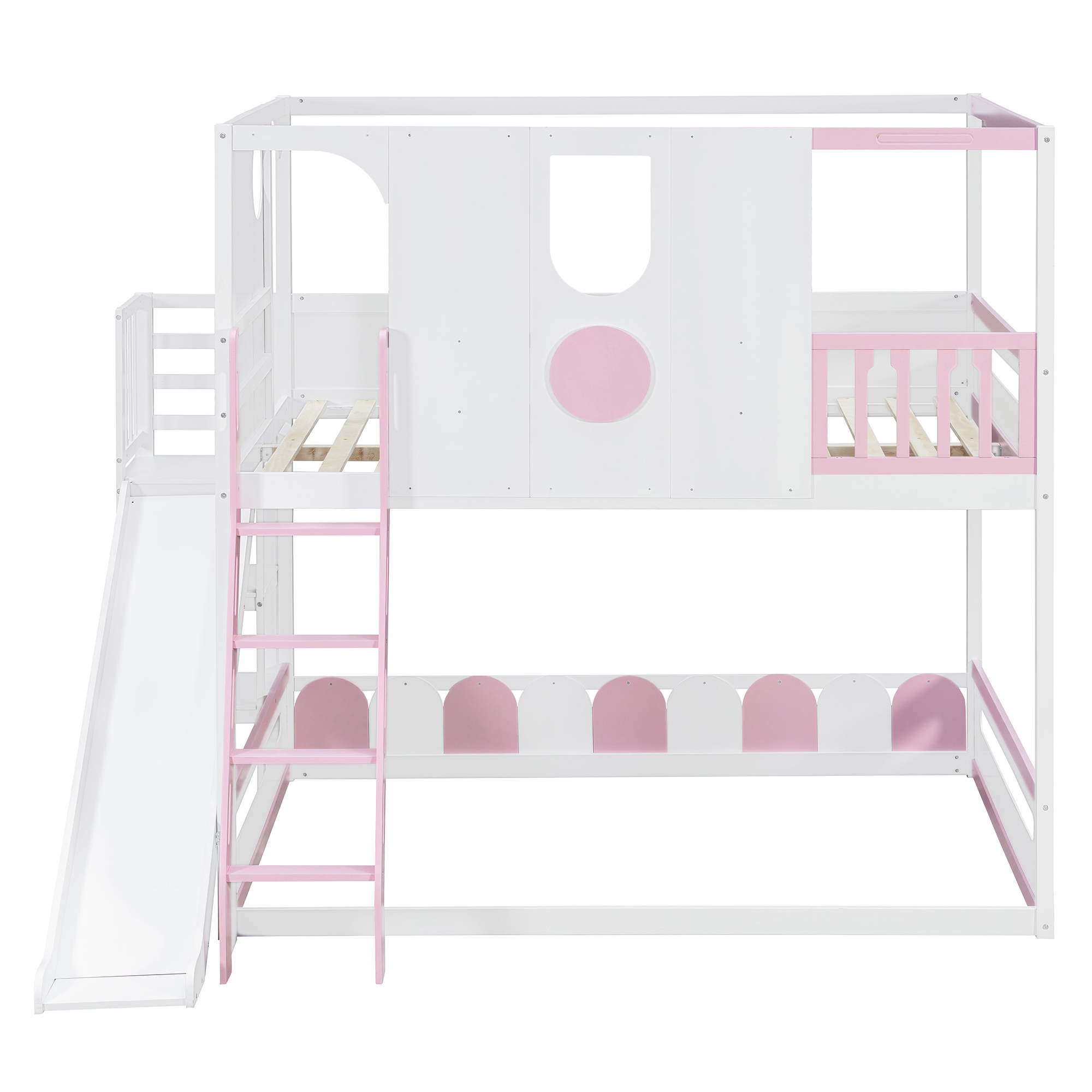 Full Size Kids Loft Bed With Slide, Storage Shelves And Guardrails