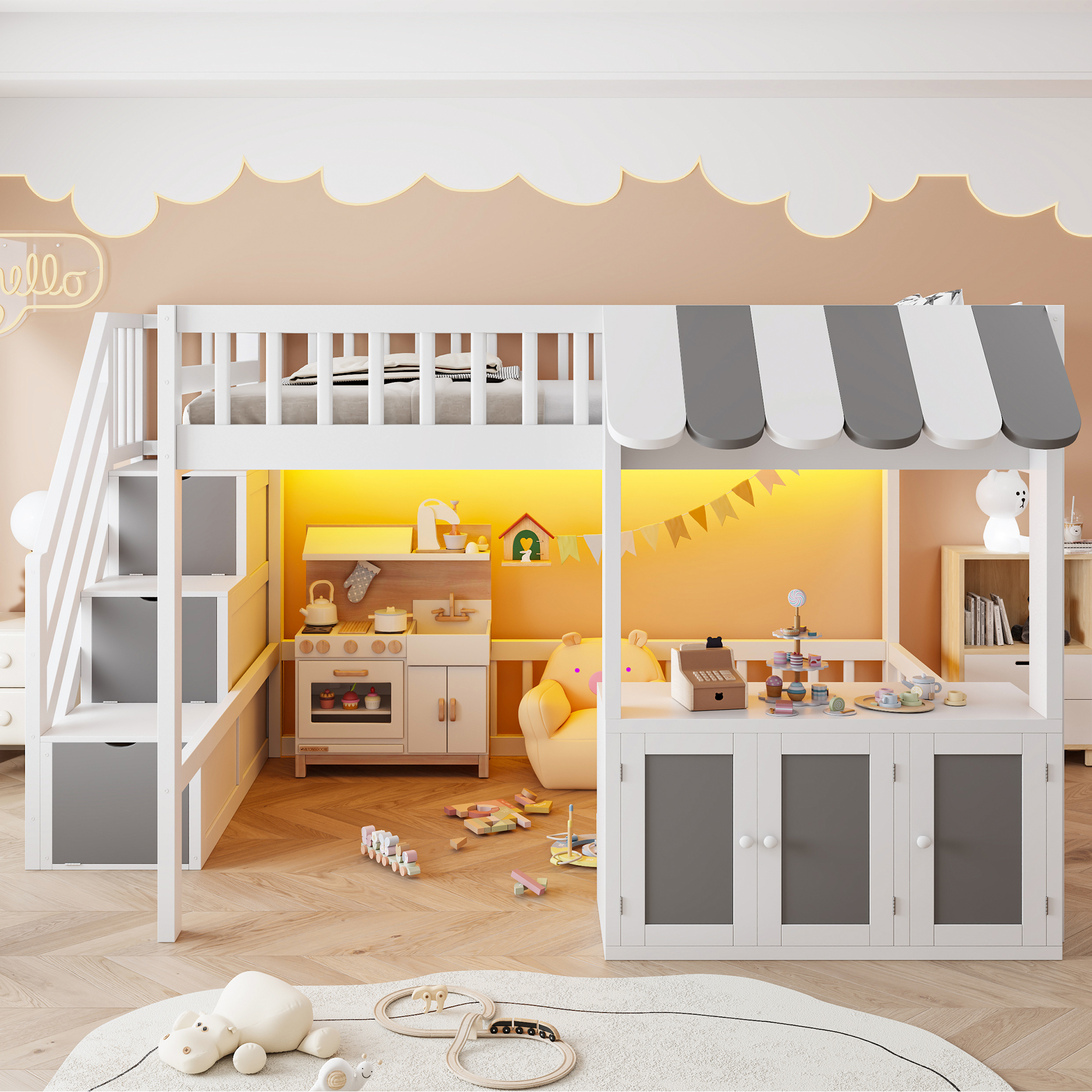 Full Size Loft Bed with Storage Steps, LED Light, Under Bed Cabinets
