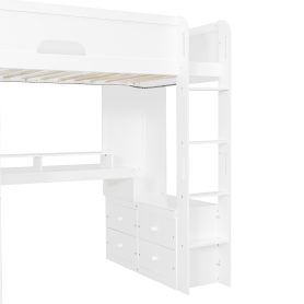 Twin Size Solid Wood Loft Bed With L-Shaped Desk, Storage Cabinet and Wardrobe