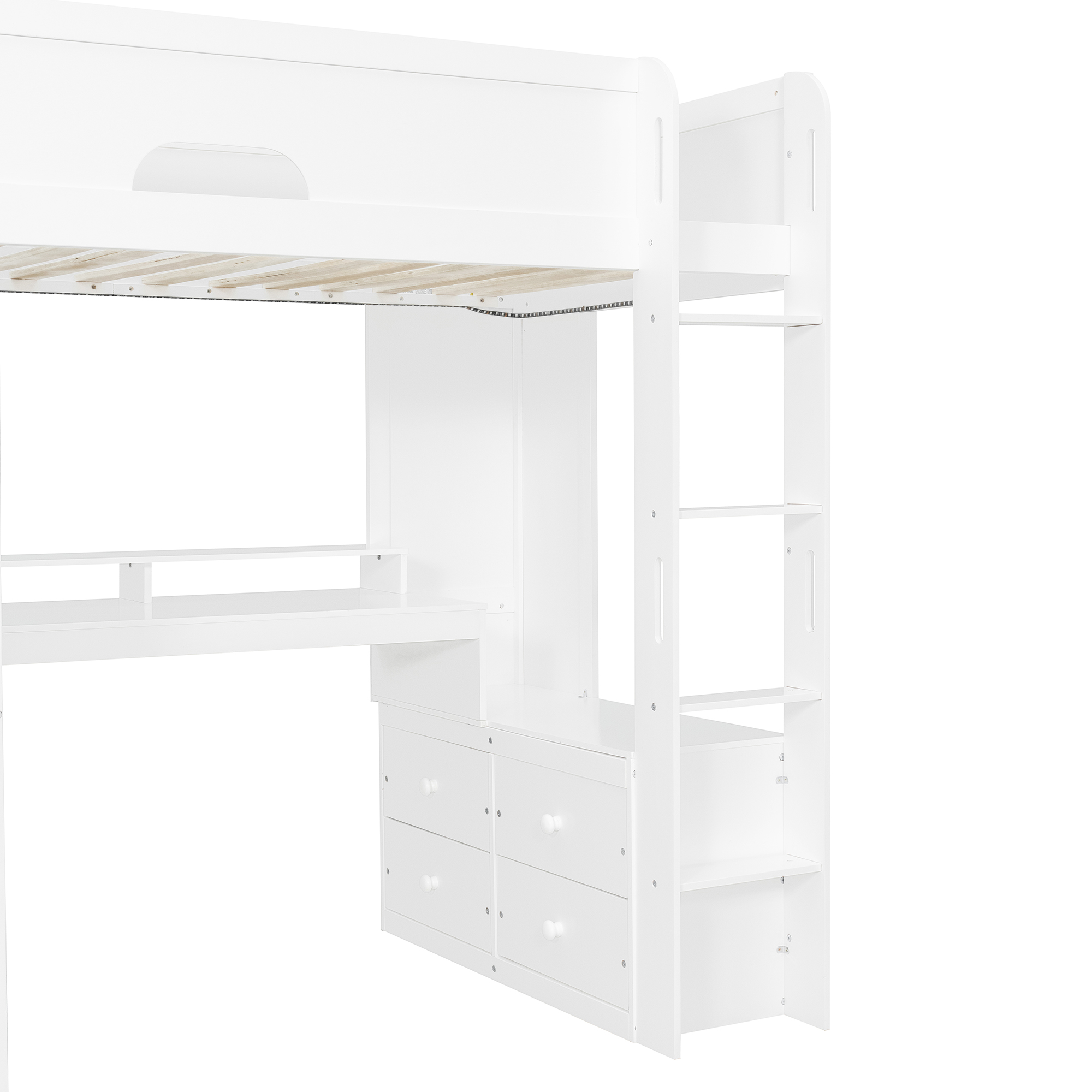 Twin Size Solid Wood Loft Bed With L-Shaped Desk, Storage Cabinet and Wardrobe
