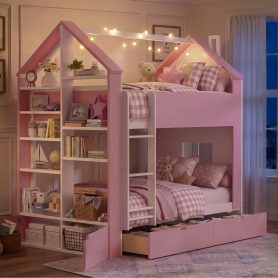 Twin Over Twin House Bed with Storage Drawers & Shelves