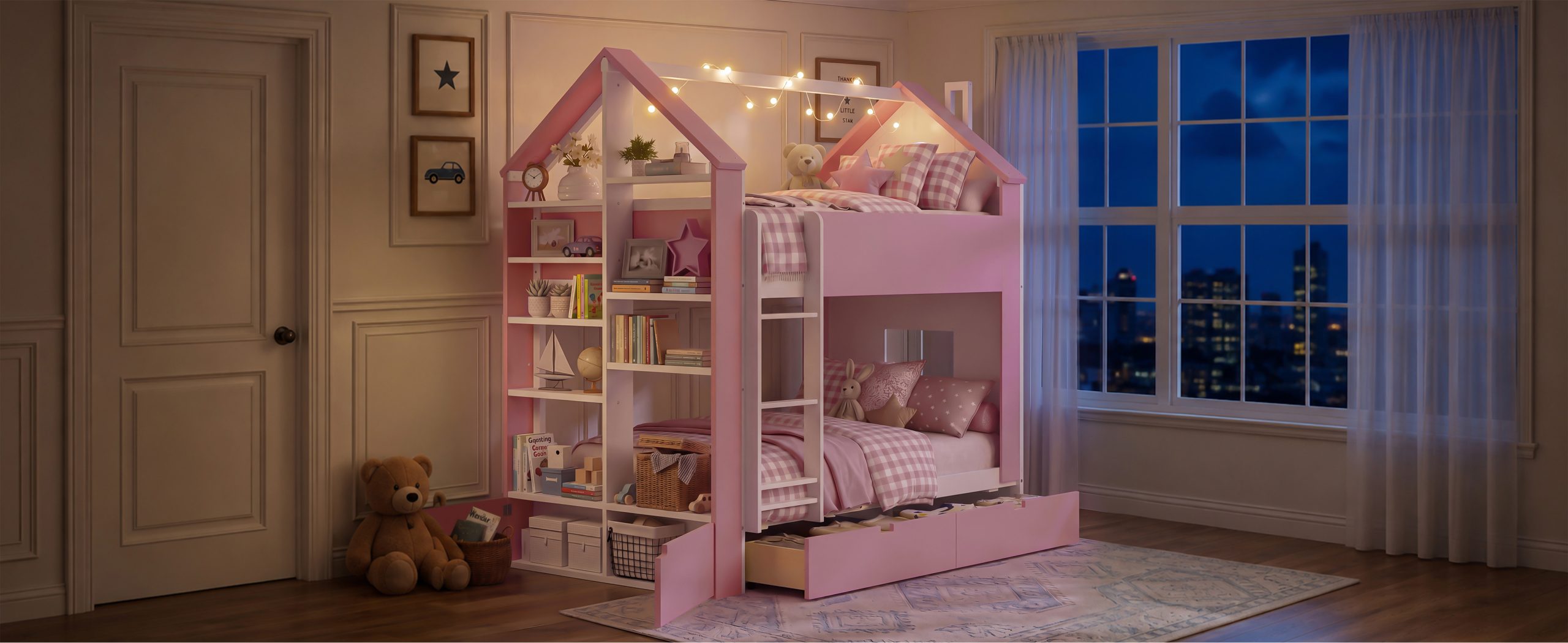 Twin Over Twin House Bed with Storage Drawers & Shelves