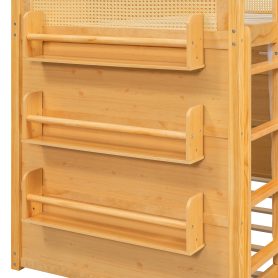 Twin Size Bunk Bed with 3-Tier Storage Shelf, Rattan Decor, Privacy Curtains & Lights