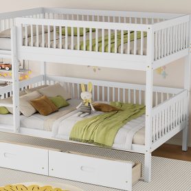 Twin Over Twin Pine Wood Bunk Bed With 2 Drawers, Convertible into 2 Twin Beds