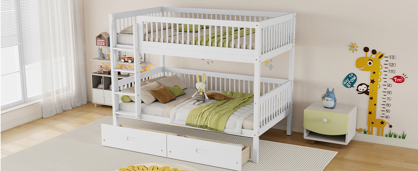 Twin Over Twin Pine Wood Bunk Bed With 2 Drawers, Convertible into 2 Twin Beds