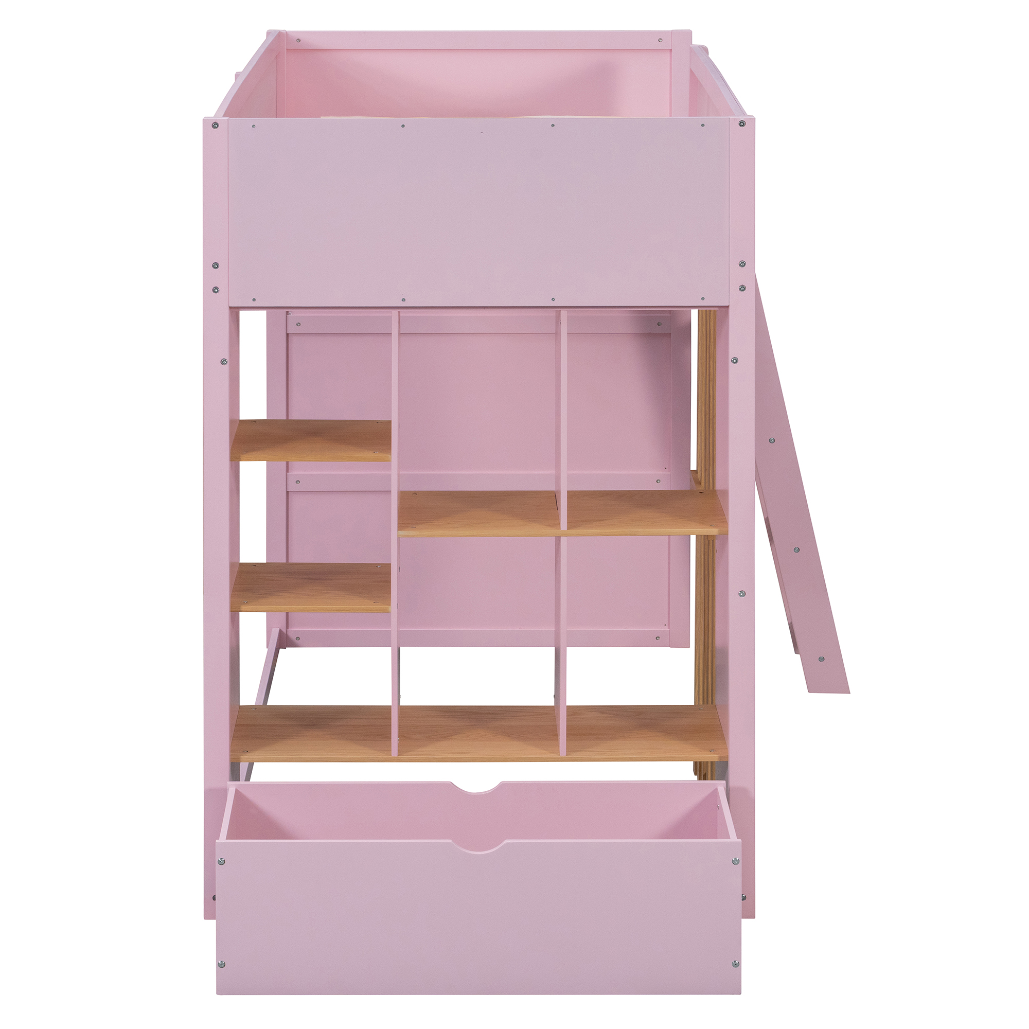 Twin Size Wooden High Sleeper Loft Bed with Ladder and Storage Shelves