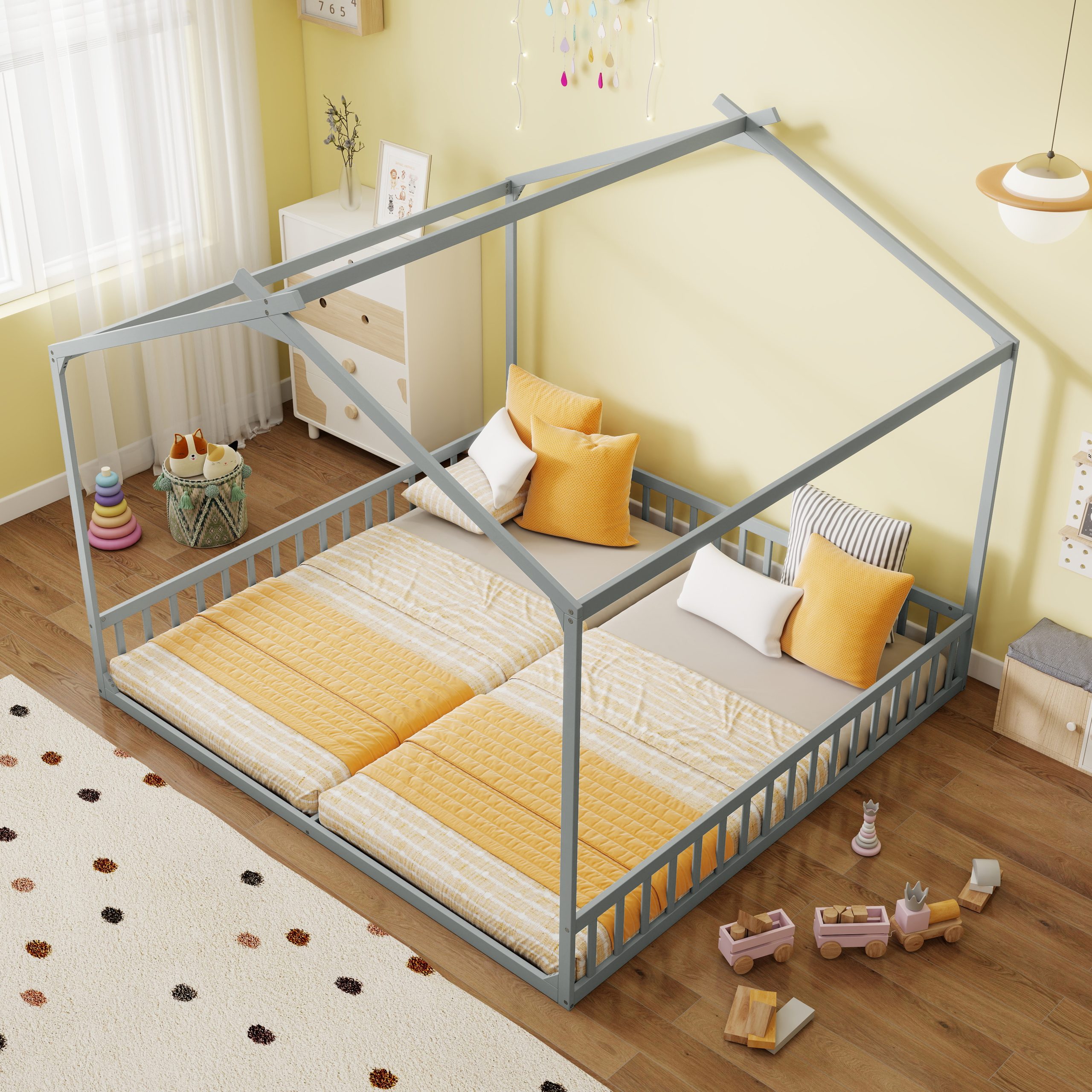 Double Twin House-Shaped Floor Bed with Safety Guardrails