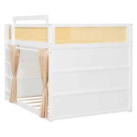 Full Size Bunk Bed with 3-Tier Storage Shelf, Rattan Decor, Privacy Curtains & Lights
