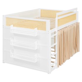 Full Size Bunk Bed with 3-Tier Storage Shelf, Rattan Decor, Privacy Curtains & Lights